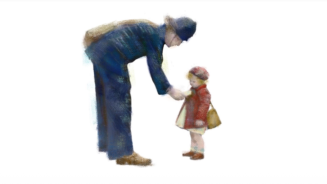 Illustration from Ortzimugan: a man bending down to take a small girl's hand
