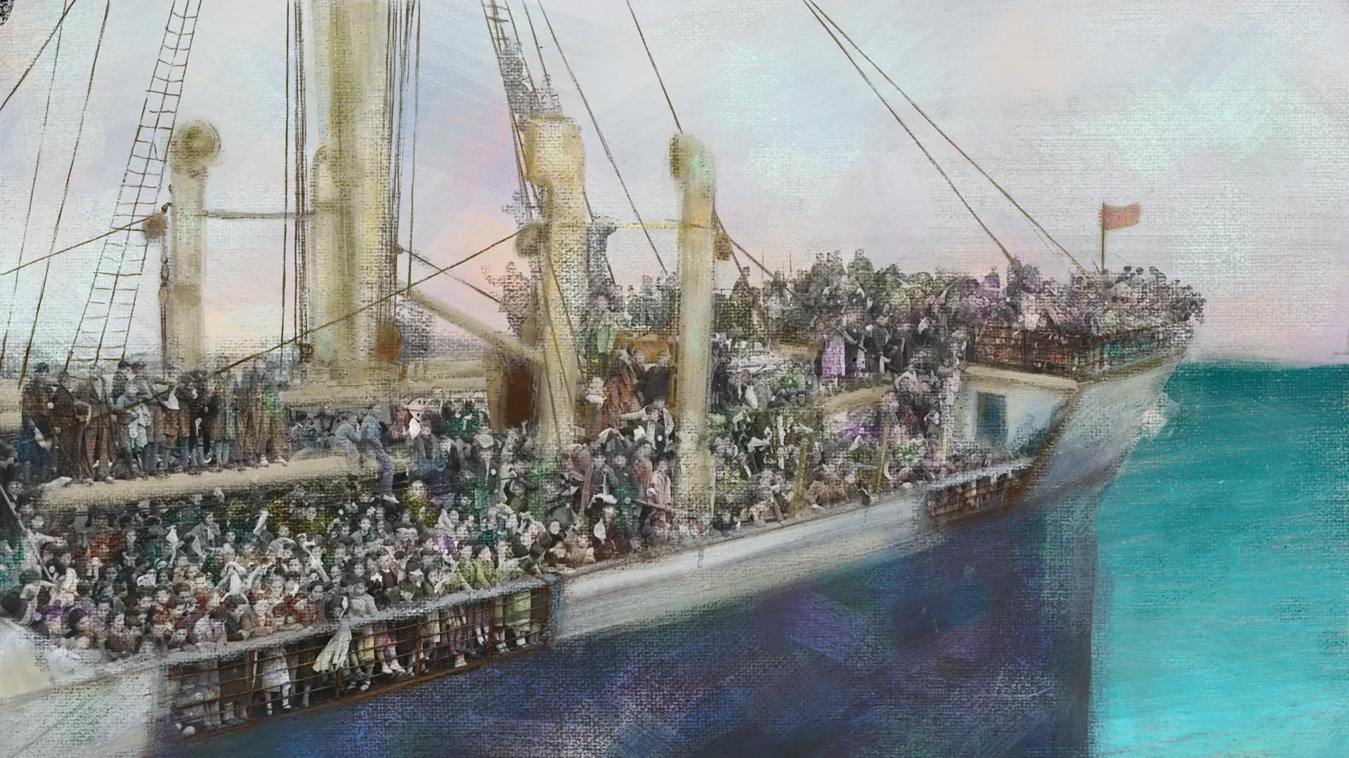 Illustrated passenger ship carrying evacuees across the sea for Ortzimugan
